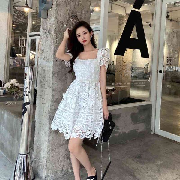 

casual dresses spring and summer sp french dress women's collar bubble sleeve hollow water-soluble lace solid color skirt, Black;gray
