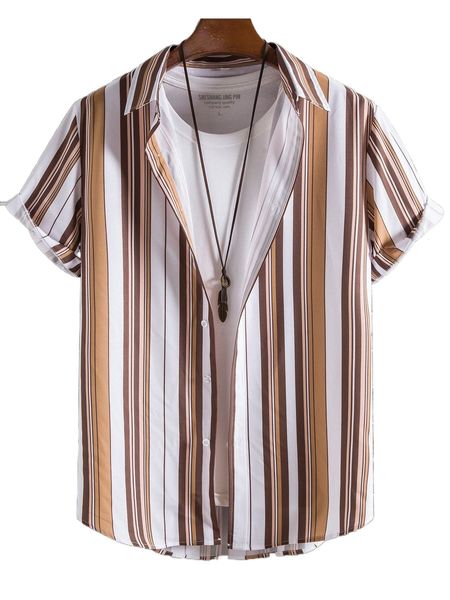 

men 1pc vertical striped curved hem shirt q7am#, White;black
