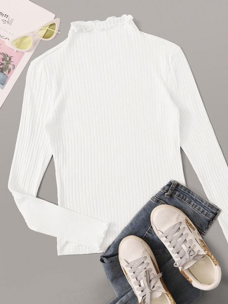 

ribbed mock neck lettuce-edge b0v3#, White