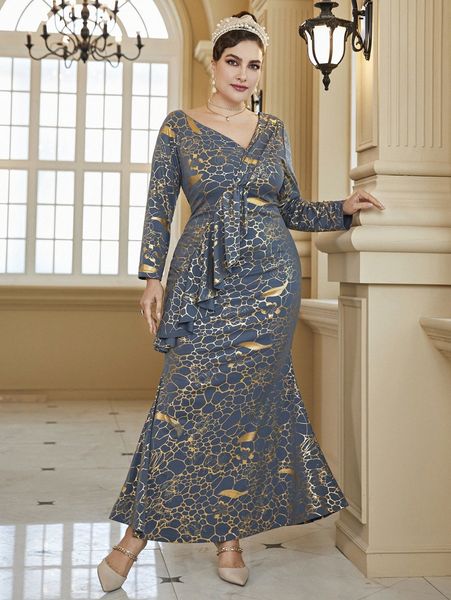 

plus gold print ruffle trim asymmetric neck mermaid dress 73zs#, Black