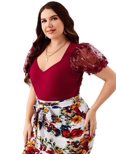 

plus sweetheart neck contrast mesh floral embroidery t-shirt o8ew#, Black