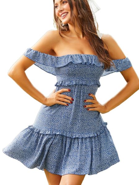 

sbetro ditsy floral off shoulder ruffle trim dress x3y5#, Black;gray