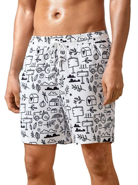 

men graffiti print drawstring waist shorts r0eq#, White;black