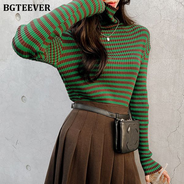 

chic stylish turtleneck ladies knitted striped jumpers full sleeve slim women sweaters pullovers autumn winter knitwear, White;black