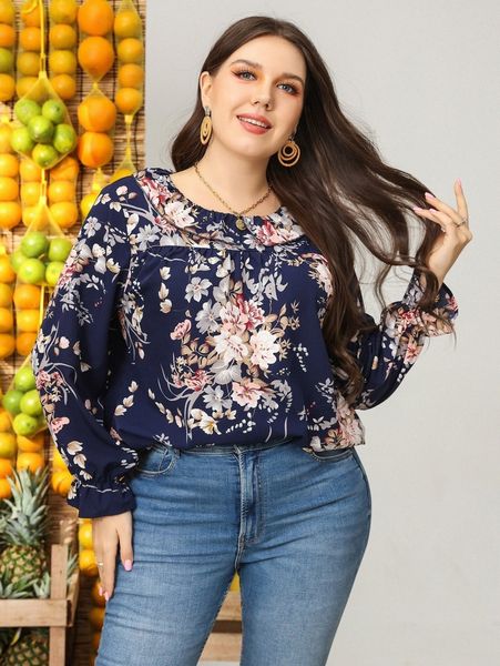 

plus floral print flounce sleeve ruffle trim blouse 30a3#, Black