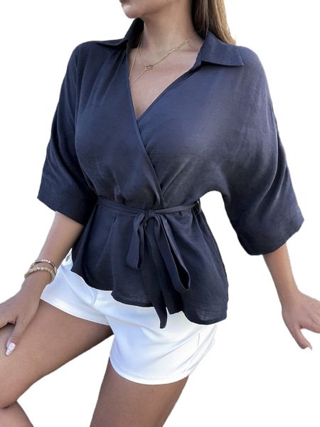 

batwing sleeve belted blouse b7g5#, White