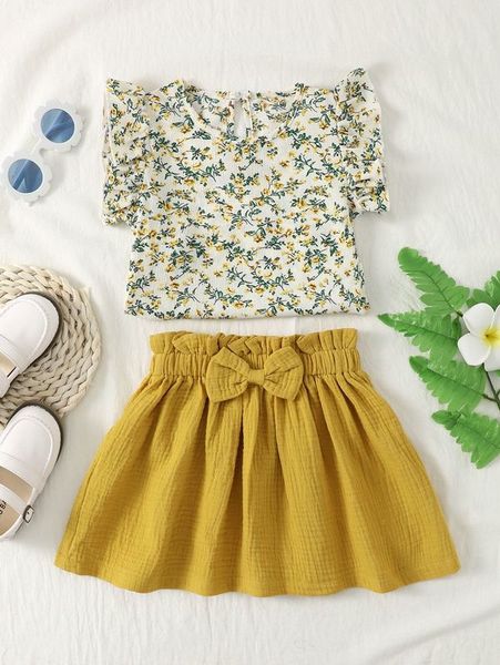 

toddler girls ditsy floral ruffle sleeve & textured skirt she, White