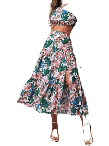 

floral print one shoulder & split ruffle hem skirt 87wi#, White