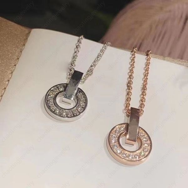 

b round flat full diamond single chain necklace luxury pendant front diamond decoration back letter logo fashion accessories, Silver