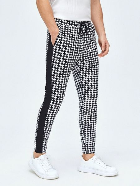 

men houndstooth print contrast side seam pants l69j#, Black