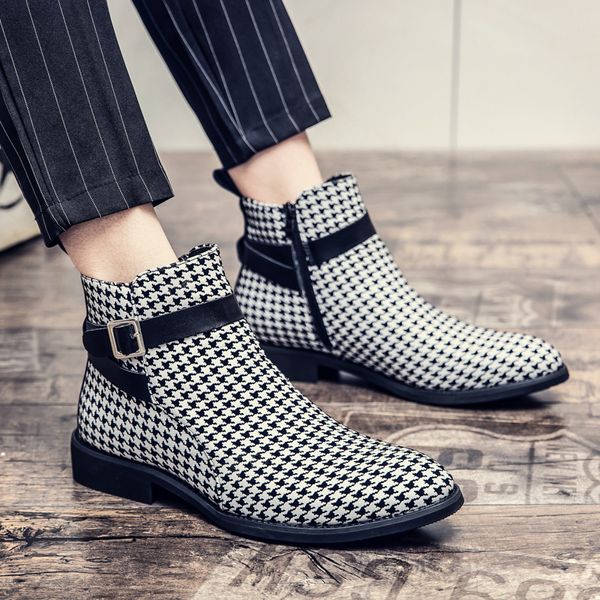 

Boots Men Shoes PU Solid Color Casual Fashion Pointed Toe European and American Retro Houndstooth High-top Buckle Leather Boots DP395, Clear