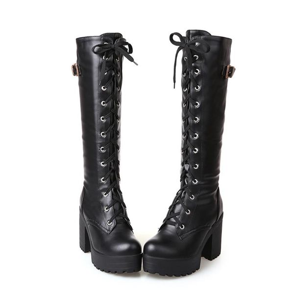 

gothic square chunky block high heels riding boots women lace up thick platform rock punk cosplay knee high boots shoes2804, Black