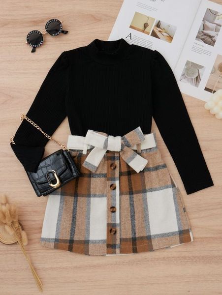 

girls mock neck tee & plaid fake button belted skirt she, White