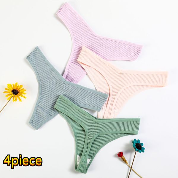 

4 pieces set ladies panty thong cotton comfortable underwear low waist solid color plus-size girls shorts, Black;pink