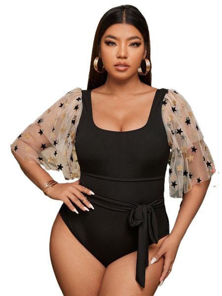 

plus star print rib mesh sleeve one piece swimsuit a4ij#, White;black