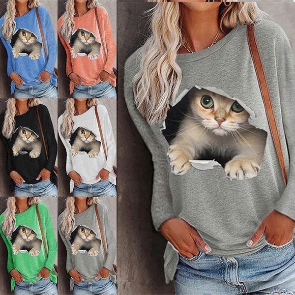 Taglie forti T-shirt da donna Top T-shirt stampata con gattino carino Litten T-shirt a maniche lunghe con scollo a V Autum Pullover Camicie casual S-5XL sottile