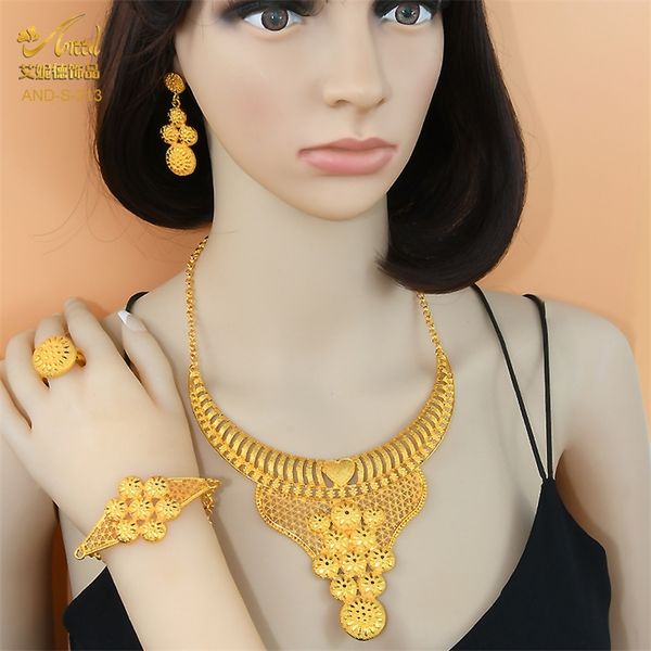 ANIID Äthiopien Dubai Luxus 24K vergoldetes Schmuckset Halsband Halskette Ohrring Ring für Frauen Hochzeit Indischer Afrikanischer Schmuck 220726