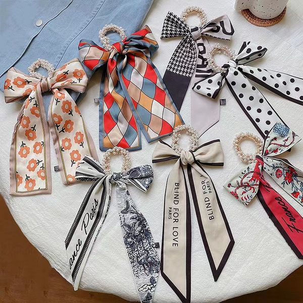 

long ribbon bow pearl elastic hair rubber bands for women girl floral print scrunchies ponytail holder hair ties accessories 20pcs/, Slivery;white
