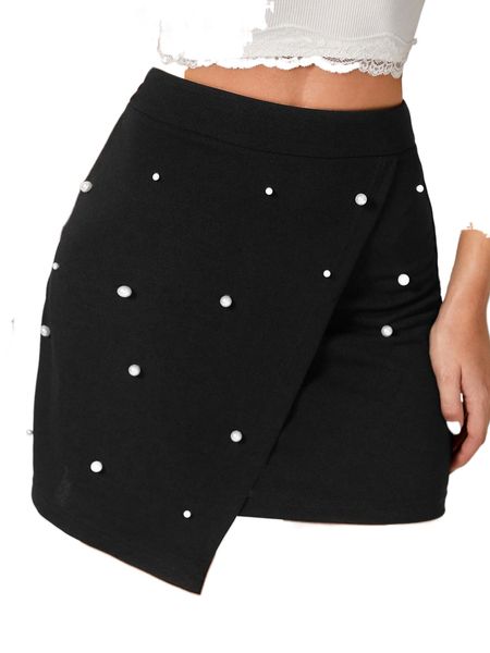 

pearl beaded asymmetrical hem skirt w6cu#, Black