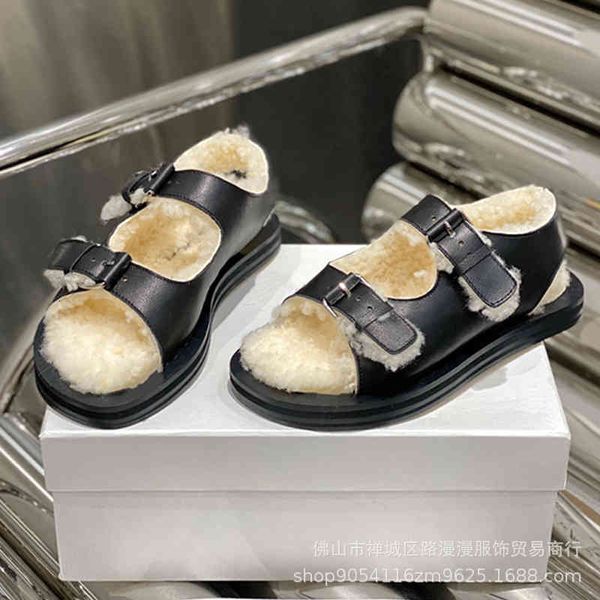 

slippers arc de triomphe classic woolen sandals women's buckle round head flat with cashmere lamb wool warm casual single shoes, Black