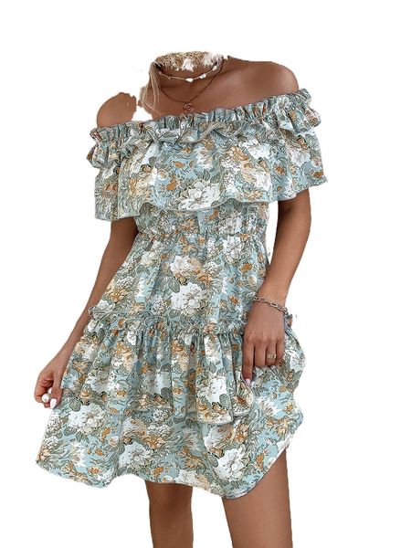 

floral print off shoulder ruffle trim layered hem dress j5bc#, Black;gray