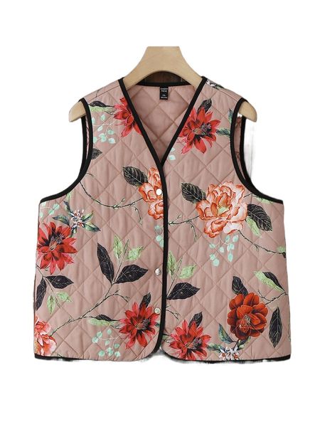 

plus floral print contrast binding quilted coat l02i#, Black