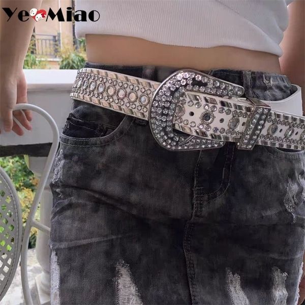 

punk belts women luxury designer brand wide waist belts korean fashion diamond rock bling strap belt y2k women belts for dress 220530, Black;brown