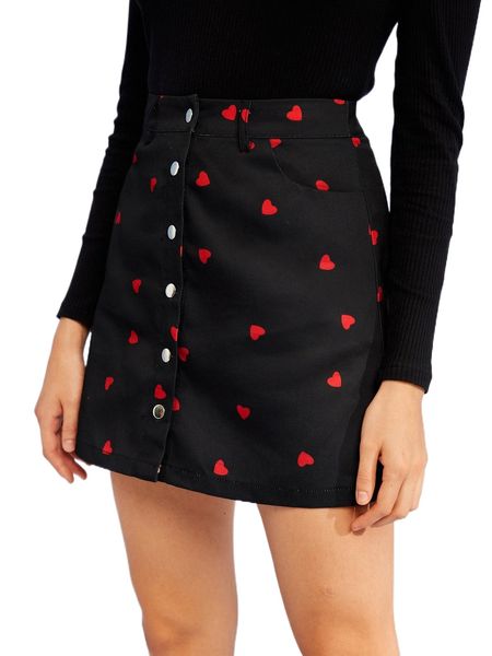 

heart print button fly skirt g7pv#, Black