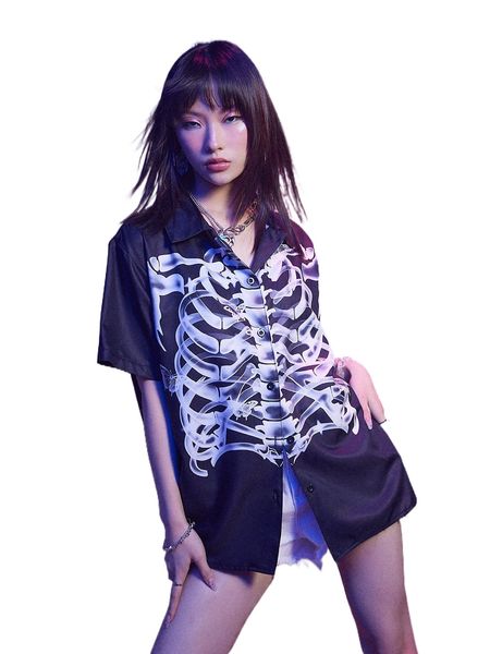 

romwe cyber luvr skeleton print button front shirt b5o3#, White