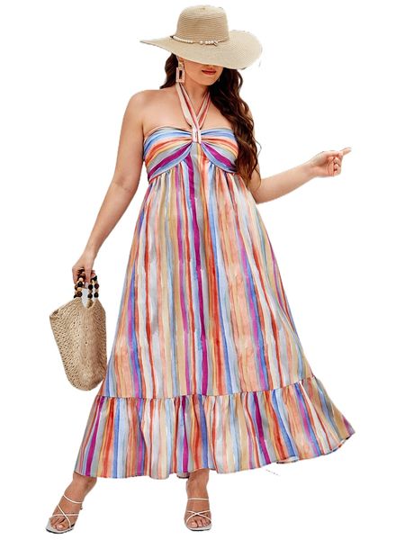 

plus block striped shirred tie back ruffle hem halter dress k5uv#, Black