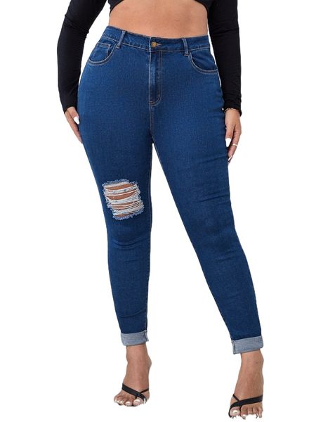 

plus high waist ripped skinny jeans k4ec#, Blue