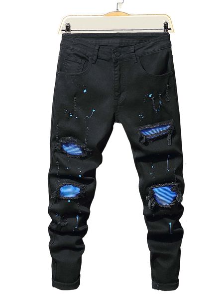 

men splash ink print ripped frayed rag stitching jeans b7a5#, Blue