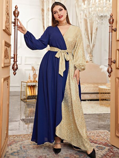 

plus color block gold scroll print lantern sleeve belted dress 98zy#, Black