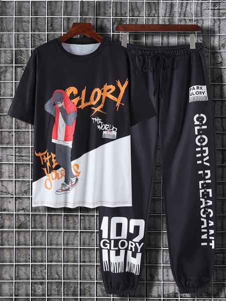 

men slogan & figure graphic tee & drawstring waist sweatpants a0ba#, Gray