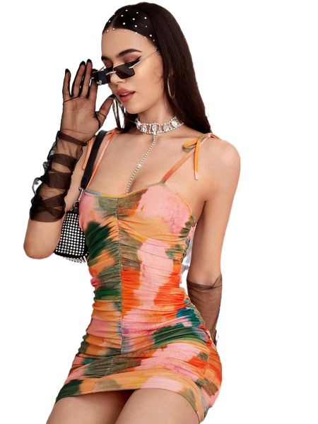 

tie dye ruched mesh bodycon dress without gloves y37y#, Black;gray