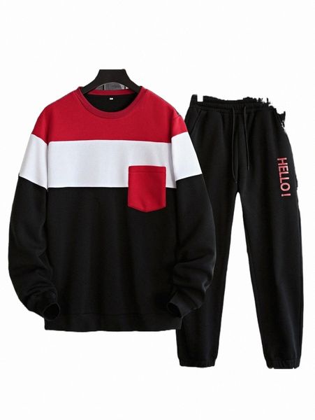 

men color block patched pocket sweatshirt & sweatpants v7sg#, Gray