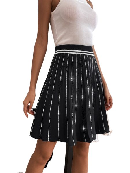 

stripe pattern rhinestone detail pleated knit skirt z5z4#, White;black