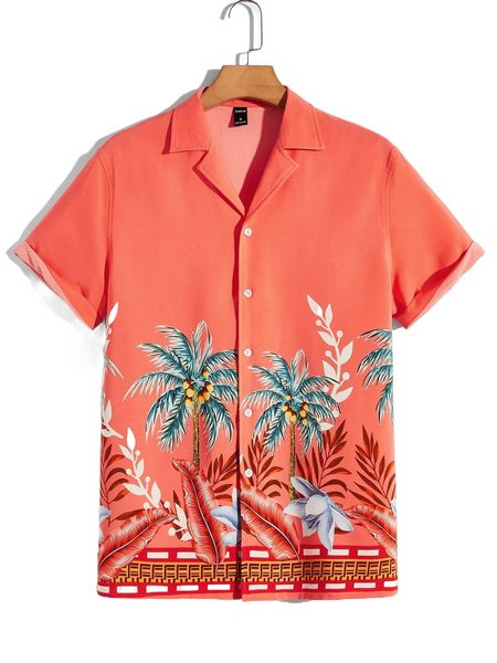 

men tropical print lapel neck shirt p3jo#, White;black