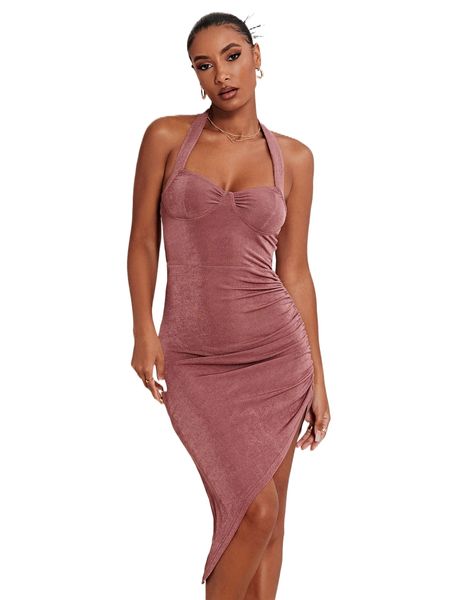 

tie back ruched asymmetrical hem halter dress t0ic#, Black;gray