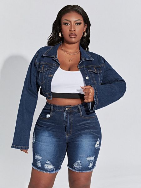 

plus crop denim jacket & ripped frayed raw hem denim shorts 59kq#, White