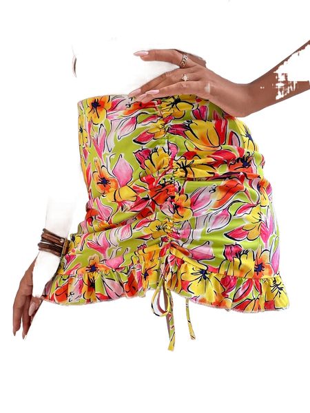 

allover floral print drawstring ruffle hem skirt r6jm#, Black