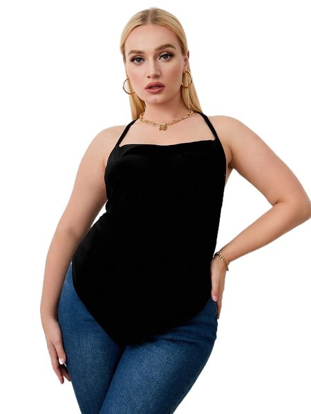 

plus criss cross back asymmetrical hem cami d4a3#, Black