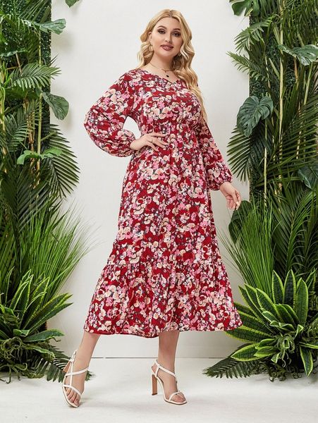 

plus allover floral print lantern sleeve ruffle hem dress h1q6#, Black