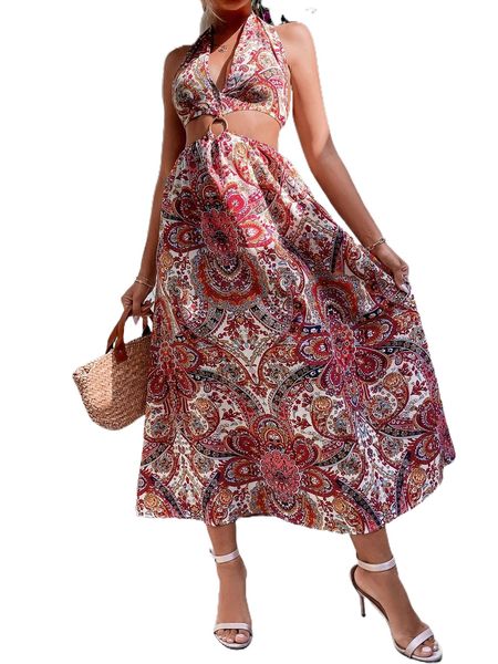 

paisley & floral print halter neck backless knot dress u4pj#, Black;gray