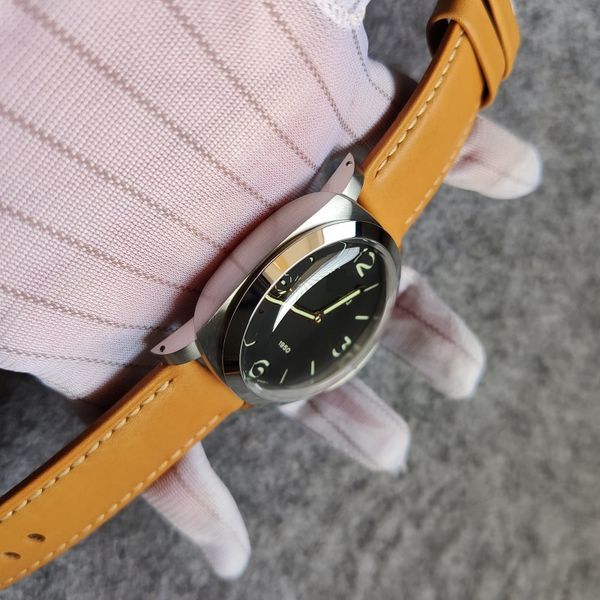 

47mm big wrist men watch mechanical hand winding movement 6497-2 eta waterproof sapphire crystal xf genuine leather strap 1950 2002 wristwat, Slivery;brown