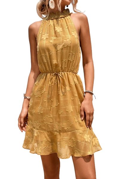 

jacquard knot front ruffle hem shirred halter dress 916w#, Black;gray