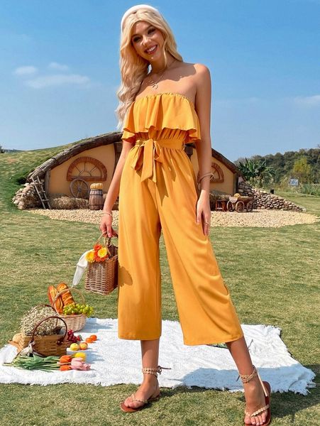 

ruffle trim belted wide leg tube jumpsuit y8h5#, Black;white