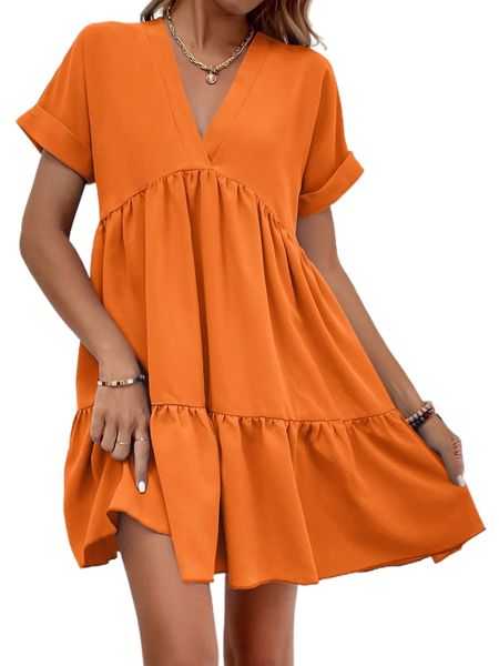 

roll cuff ruffle hem solid dress 91o8#, Black;gray