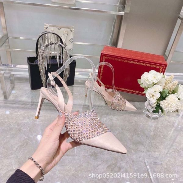 

sandals spring and summer naked apricot high heels elegant fashion leather pointed side empty mesh drill single shoes sandals, Black