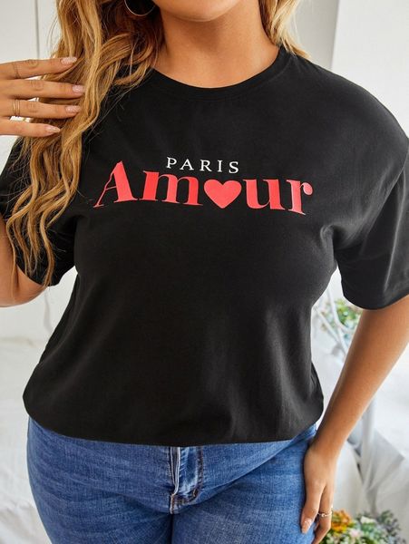 

plus heart & letter graphic drop shoulder tee q579#, Black